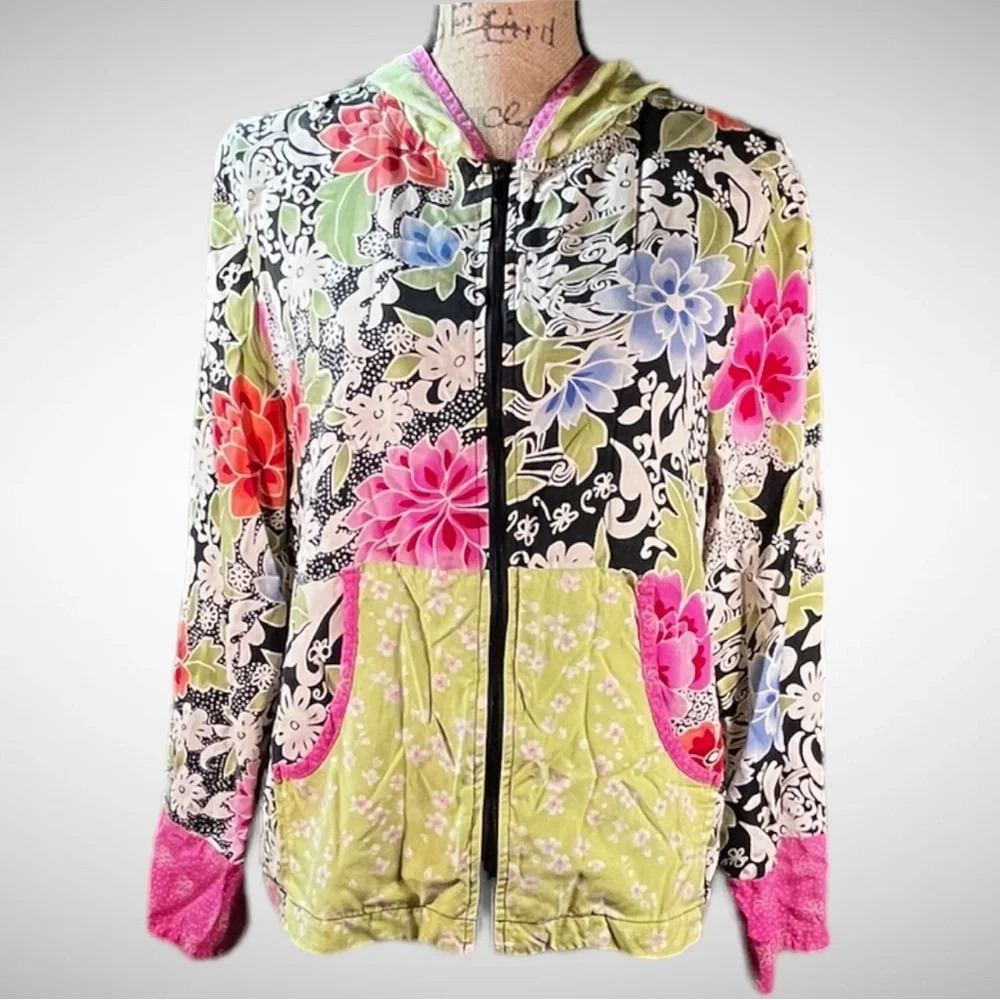 ANNE CARSON Women's 100%‎ Silk Floral Print Hooded Jacket Medium | EUC